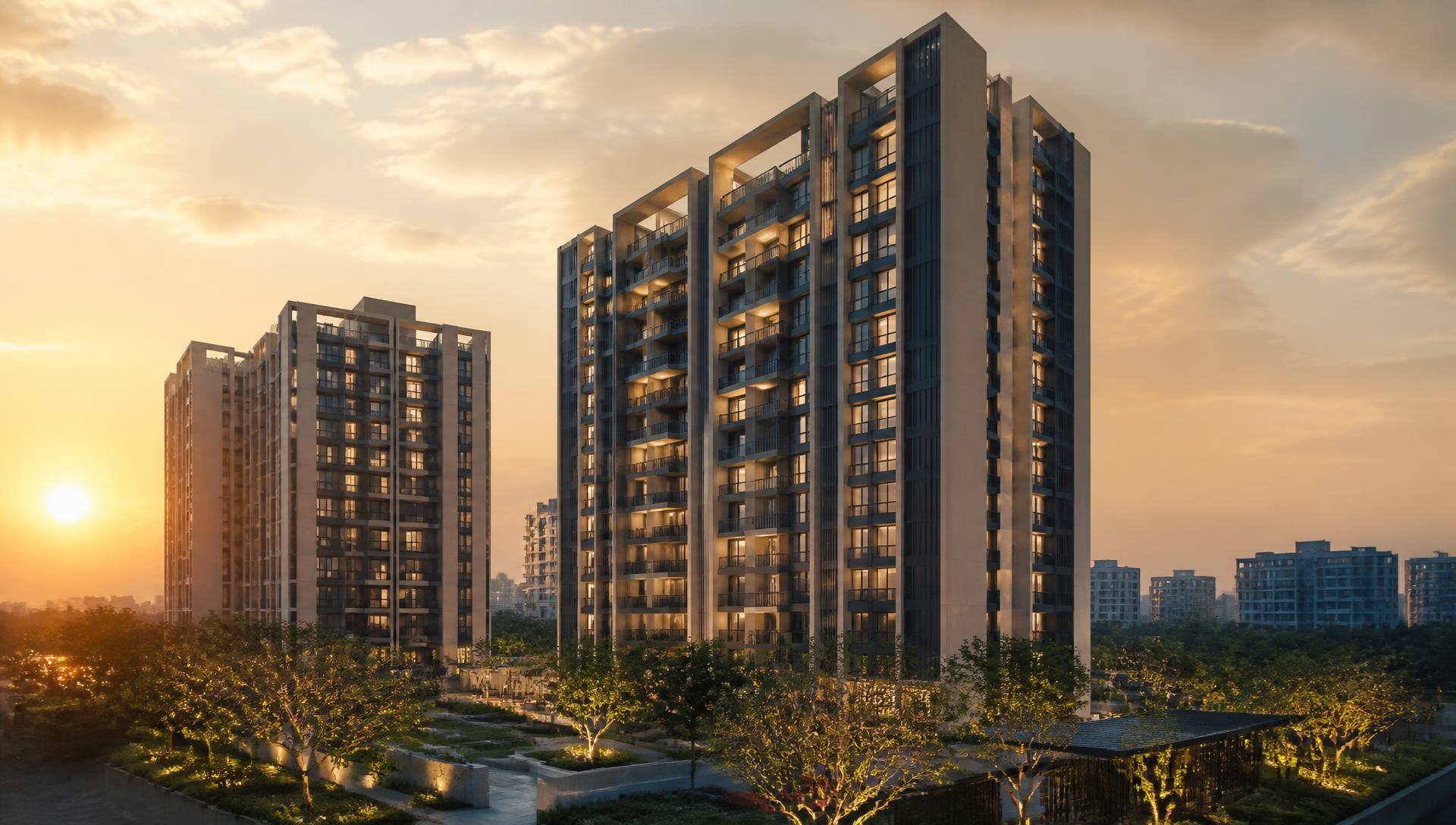 Contemporary residential towers in Ahmedabad at golden hour